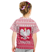 Poland Christmas Kid T Shirt with Santa Riding Stork White Eagle Emblem and Red Snowflake Knit Pattern Design - Wonder Print Shop