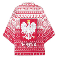 Poland Christmas Kimono with Santa Riding Stork White Eagle Emblem and Red Snowflake Knit Pattern Design - Wonder Print Shop