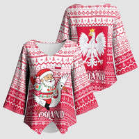 Poland Christmas Kimono Sleeve Blouse with Santa Riding Stork White Eagle Emblem and Red Snowflake Knit Pattern Design - Wonder Print Shop