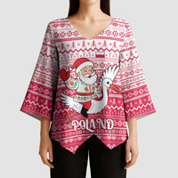 Poland Christmas Kimono Sleeve Blouse with Santa Riding Stork White Eagle Emblem and Red Snowflake Knit Pattern Design - Wonder Print Shop