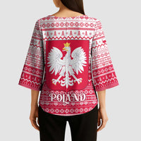 Poland Christmas Kimono Sleeve Blouse with Santa Riding Stork White Eagle Emblem and Red Snowflake Knit Pattern Design - Wonder Print Shop