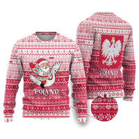 Poland Christmas Ugly Christmas Sweater with Santa Riding Stork White Eagle Emblem and Red Snowflake Knit Pattern Design - Wonder Print Shop
