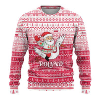 Poland Christmas Ugly Christmas Sweater with Santa Riding Stork White Eagle Emblem and Red Snowflake Knit Pattern Design - Wonder Print Shop