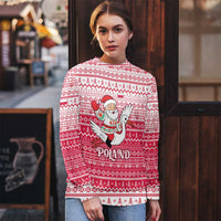 Poland Christmas Ugly Christmas Sweater with Santa Riding Stork White Eagle Emblem and Red Snowflake Knit Pattern Design - Wonder Print Shop