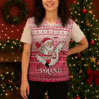 Poland Christmas Knitted V-Neck Vest with Santa Riding Stork White Eagle Emblem and Red Snowflake Knit Pattern Design - Wonder Print Shop