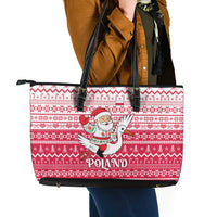Poland Christmas Leather Tote Bag with Santa Riding Stork White Eagle Emblem and Red Snowflake Knit Pattern Design - Wonder Print Shop