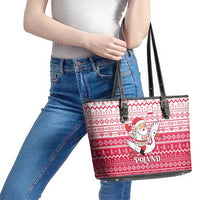 Poland Christmas Leather Tote Bag with Santa Riding Stork White Eagle Emblem and Red Snowflake Knit Pattern Design - Wonder Print Shop