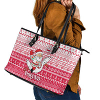 Poland Christmas Leather Tote Bag with Santa Riding Stork White Eagle Emblem and Red Snowflake Knit Pattern Design - Wonder Print Shop
