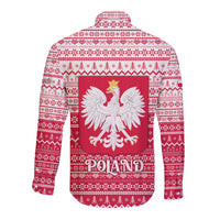 Poland Christmas Long Sleeve Button Shirt with Santa Riding Stork White Eagle Emblem and Red Snowflake Knit Pattern Design - Wonder Print Shop