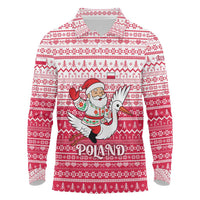 Poland Christmas Long Sleeve Polo Shirt with Santa Riding Stork White Eagle Emblem and Red Snowflake Knit Pattern Design - Wonder Print Shop