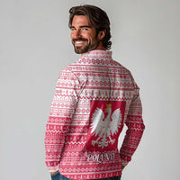 Poland Christmas Long Sleeve Polo Shirt with Santa Riding Stork White Eagle Emblem and Red Snowflake Knit Pattern Design - Wonder Print Shop