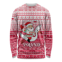 Poland Christmas Long Sleeve Shirt with Santa Riding Stork White Eagle Emblem and Red Snowflake Knit Pattern Design - Wonder Print Shop