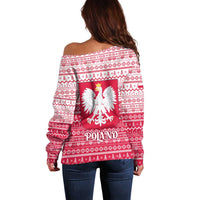 Poland Christmas Off Shoulder Sweater with Santa Riding Stork White Eagle Emblem and Red Snowflake Knit Pattern Design - Wonder Print Shop
