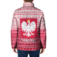 Poland Christmas Padded Jacket with Santa Riding Stork White Eagle Emblem and Red Snowflake Knit Pattern Design - Wonder Print Shop