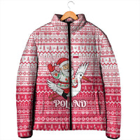Poland Christmas Padded Jacket with Santa Riding Stork White Eagle Emblem and Red Snowflake Knit Pattern Design - Wonder Print Shop