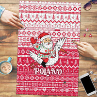 Poland Christmas Puzzle with Santa Riding Stork White Eagle Emblem and Red Snowflake Knit Pattern Design - Wonder Print Shop