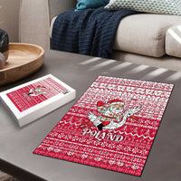 Poland Christmas Puzzle with Santa Riding Stork White Eagle Emblem and Red Snowflake Knit Pattern Design - Wonder Print Shop