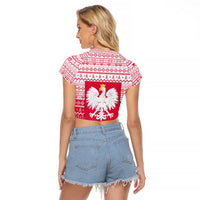 Poland Christmas Raglan Cropped T Shirt with Santa Riding Stork White Eagle Emblem and Red Snowflake Knit Pattern Design - Wonder Print Shop
