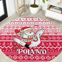 Poland Christmas Round Carpet with Santa Riding Stork White Eagle Emblem and Red Snowflake Knit Pattern Design - Wonder Print Shop