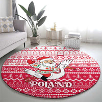 Poland Christmas Round Carpet with Santa Riding Stork White Eagle Emblem and Red Snowflake Knit Pattern Design - Wonder Print Shop