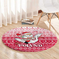 Poland Christmas Round Carpet with Santa Riding Stork White Eagle Emblem and Red Snowflake Knit Pattern Design - Wonder Print Shop