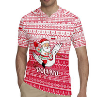 Poland Christmas Rugby Jersey with Santa Riding Stork White Eagle Emblem and Red Snowflake Knit Pattern Design - Wonder Print Shop