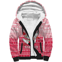 Poland Christmas Sherpa Hoodie with Santa Riding Stork White Eagle Emblem and Red Snowflake Knit Pattern Design - Wonder Print Shop