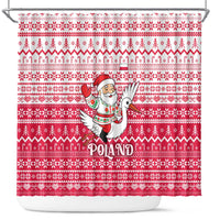 Poland Christmas Shower Curtain with Santa Riding Stork White Eagle Emblem and Red Snowflake Knit Pattern Design - Wonder Print Shop