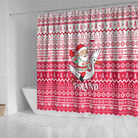 Poland Christmas Shower Curtain with Santa Riding Stork White Eagle Emblem and Red Snowflake Knit Pattern Design - Wonder Print Shop