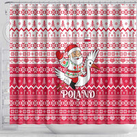 Poland Christmas Shower Curtain with Santa Riding Stork White Eagle Emblem and Red Snowflake Knit Pattern Design - Wonder Print Shop