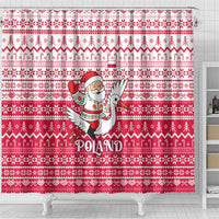 Poland Christmas Shower Curtain with Santa Riding Stork White Eagle Emblem and Red Snowflake Knit Pattern Design - Wonder Print Shop