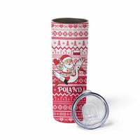 Poland Christmas Skinny Tumbler with Santa Riding Stork White Eagle Emblem and Red Snowflake Knit Pattern Design - Wonder Print Shop