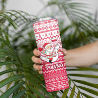 Poland Christmas Skinny Tumbler with Santa Riding Stork White Eagle Emblem and Red Snowflake Knit Pattern Design - Wonder Print Shop