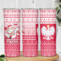 Poland Christmas Skinny Tumbler with Santa Riding Stork White Eagle Emblem and Red Snowflake Knit Pattern Design - Wonder Print Shop