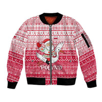 Poland Christmas Sleeve Zip Bomber Jacket with Santa Riding Stork White Eagle Emblem and Red Snowflake Knit Pattern Design - Wonder Print Shop