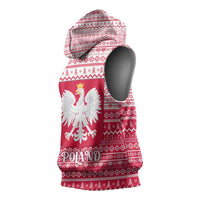 Poland Christmas Sleeveless Hoodie with Santa Riding Stork White Eagle Emblem and Red Snowflake Knit Pattern Design - Wonder Print Shop