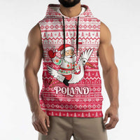 Poland Christmas Sleeveless Hoodie with Santa Riding Stork White Eagle Emblem and Red Snowflake Knit Pattern Design - Wonder Print Shop