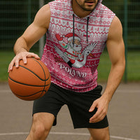 Poland Christmas Sleeveless Hoodie with Santa Riding Stork White Eagle Emblem and Red Snowflake Knit Pattern Design - Wonder Print Shop