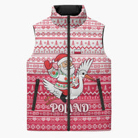 Poland Christmas Sleeveless Puffer Jacket with Santa Riding Stork White Eagle Emblem and Red Snowflake Knit Pattern Design - Wonder Print Shop