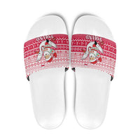 Poland Christmas Slide Sandals with Santa Riding Stork White Eagle Emblem and Red Snowflake Knit Pattern Design - Wonder Print Shop