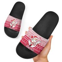 Poland Christmas Slide Sandals with Santa Riding Stork White Eagle Emblem and Red Snowflake Knit Pattern Design - Wonder Print Shop