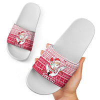 Poland Christmas Slide Sandals with Santa Riding Stork White Eagle Emblem and Red Snowflake Knit Pattern Design - Wonder Print Shop