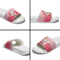 Poland Christmas Slide Sandals with Santa Riding Stork White Eagle Emblem and Red Snowflake Knit Pattern Design - Wonder Print Shop