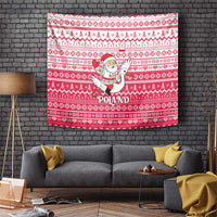 Poland Christmas Tapestry with Santa Riding Stork White Eagle Emblem and Red Snowflake Knit Pattern Design - Wonder Print Shop