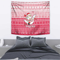Poland Christmas Tapestry with Santa Riding Stork White Eagle Emblem and Red Snowflake Knit Pattern Design - Wonder Print Shop
