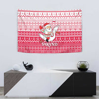 Poland Christmas Tapestry with Santa Riding Stork White Eagle Emblem and Red Snowflake Knit Pattern Design - Wonder Print Shop