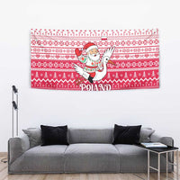 Poland Christmas Tapestry with Santa Riding Stork White Eagle Emblem and Red Snowflake Knit Pattern Design - Wonder Print Shop