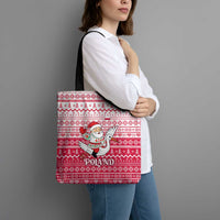 Poland Christmas Tote Bag with Santa Riding Stork White Eagle Emblem and Red Snowflake Knit Pattern Design - Wonder Print Shop