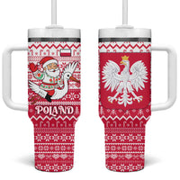 Poland Christmas Tumbler With Handle with Santa Riding Stork White Eagle Emblem and Red Snowflake Knit Pattern Design - Wonder Print Shop