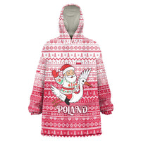 Poland Christmas Wearable Blanket Hoodie with Santa Riding Stork White Eagle Emblem and Red Snowflake Knit Pattern Design - Wonder Print Shop